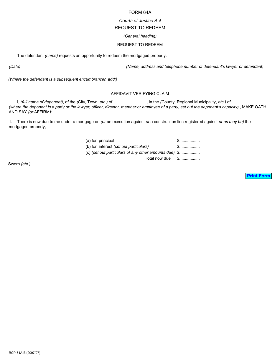 Form 64A Request to Redeem - Ontario, Canada, Page 1