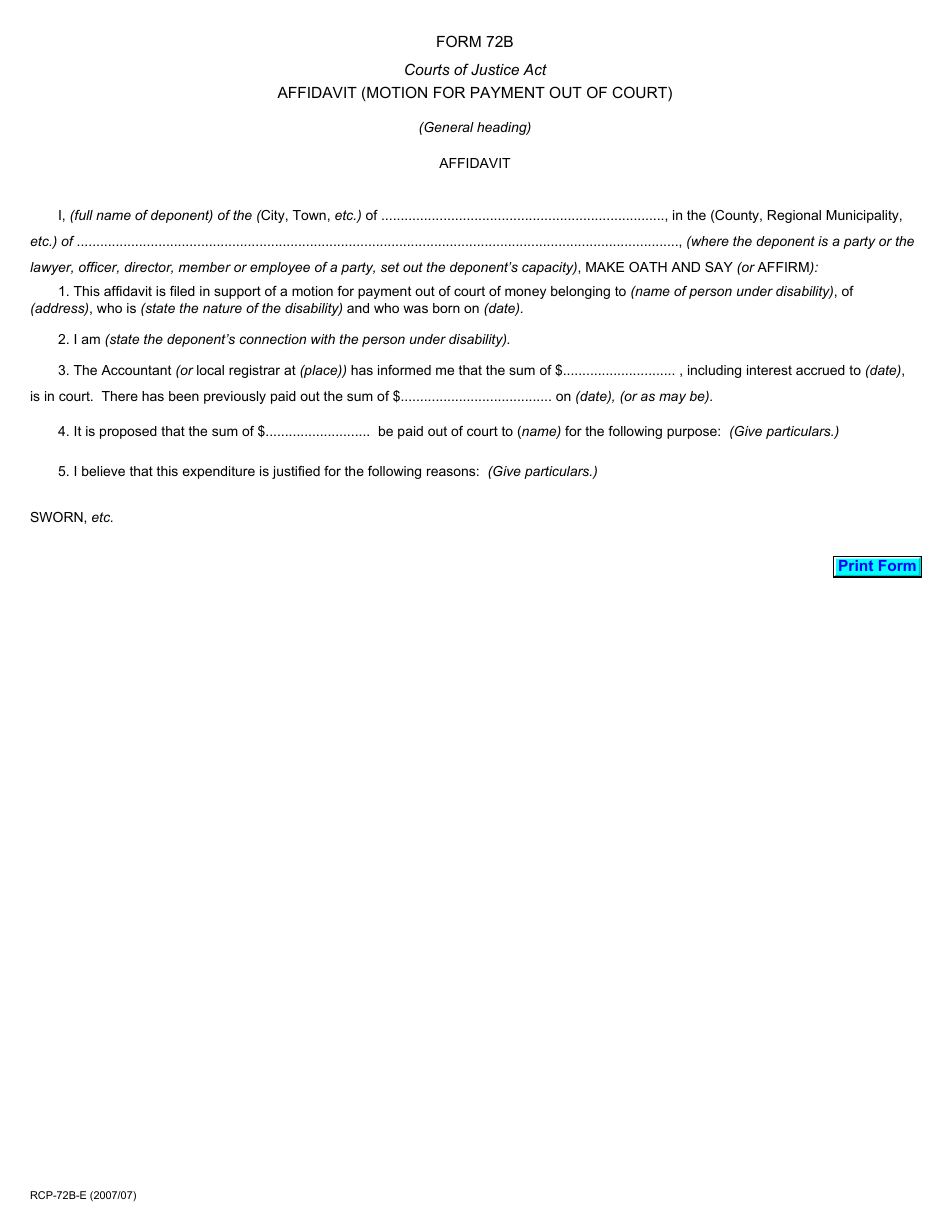Form 72B Download Printable PDF or Fill Online Affidavit (Motion for ...