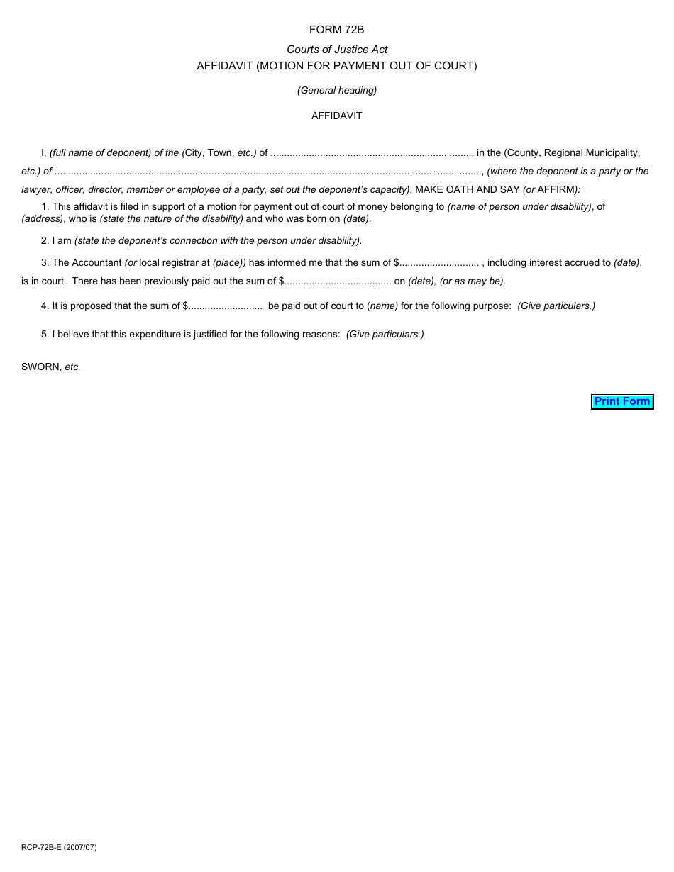 Form 72B Affidavit (Motion for Payment out of Court) - Ontario, Canada, Page 1