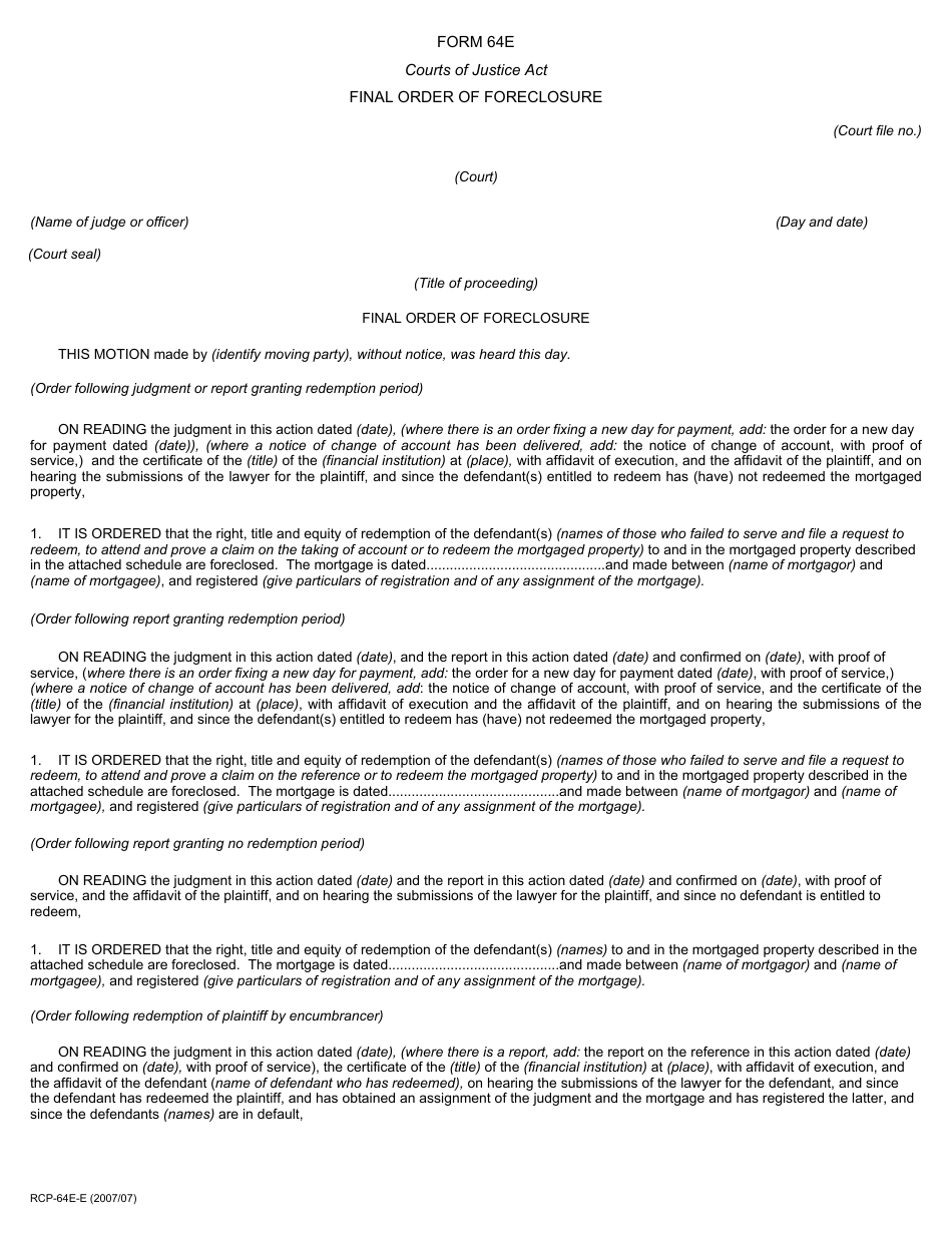 Form 64E Final Order of Foreclosure - Ontario, Canada, Page 1