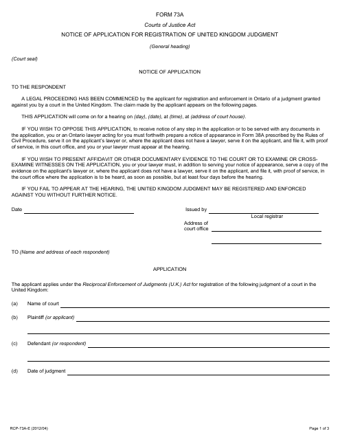 Form 73A Notice of Application for Registration of United Kingdom Judgment - Ontario, Canada