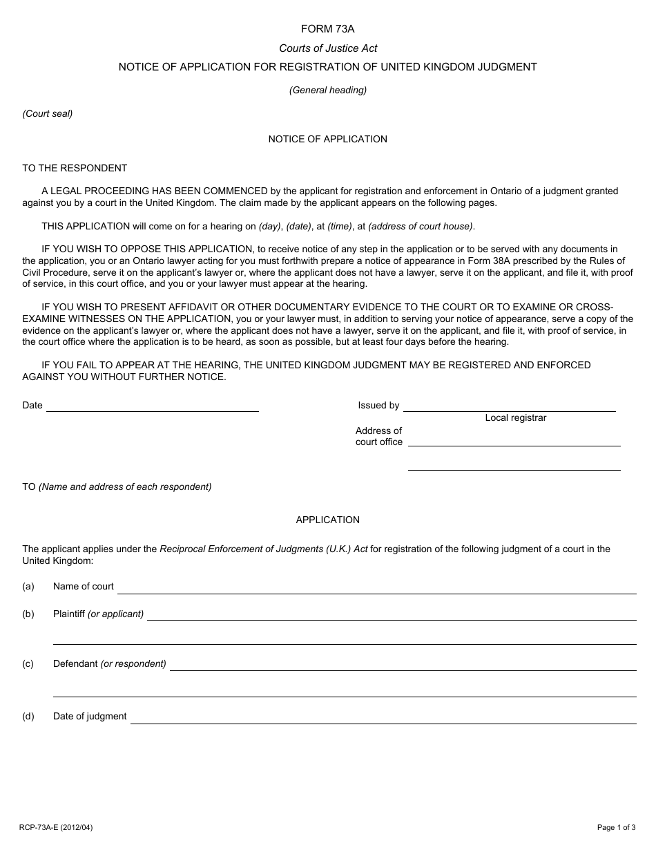 Form 73A Notice of Application for Registration of United Kingdom Judgment - Ontario, Canada, Page 1