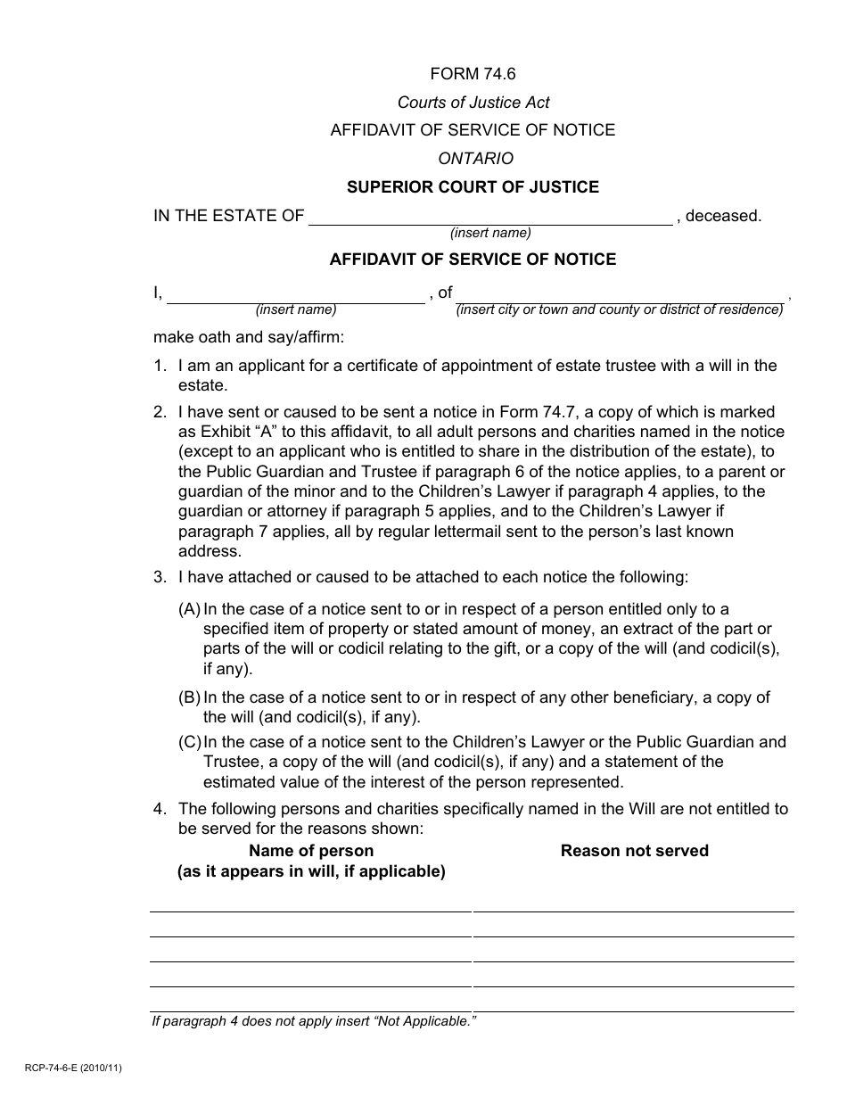 Form 74.6 Affidavit of Service of Notice (Certificate of Appointment of Estate Trustee With a Will) - Ontario, Canada, Page 1