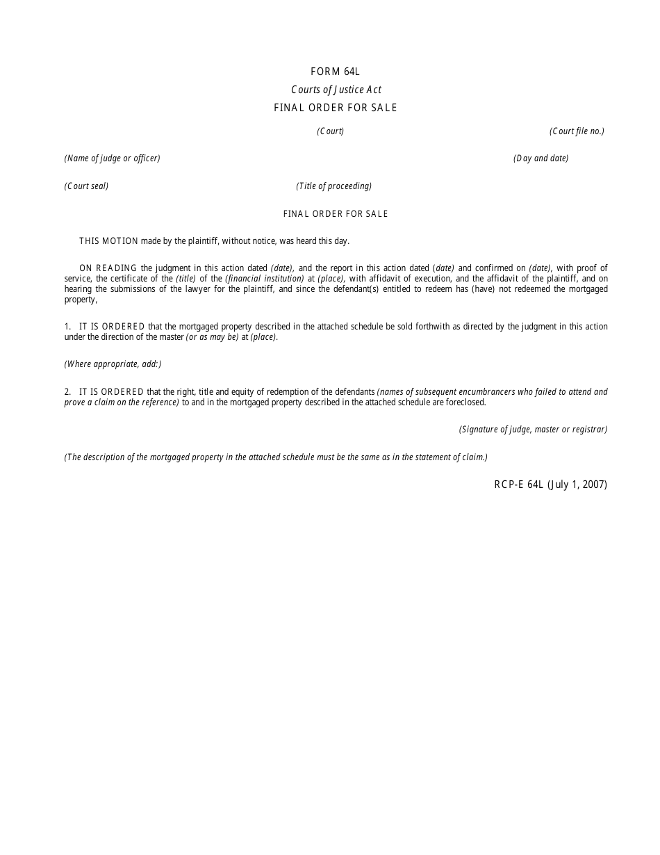 Form 64L Final Order for Sale - Ontario, Canada, Page 1