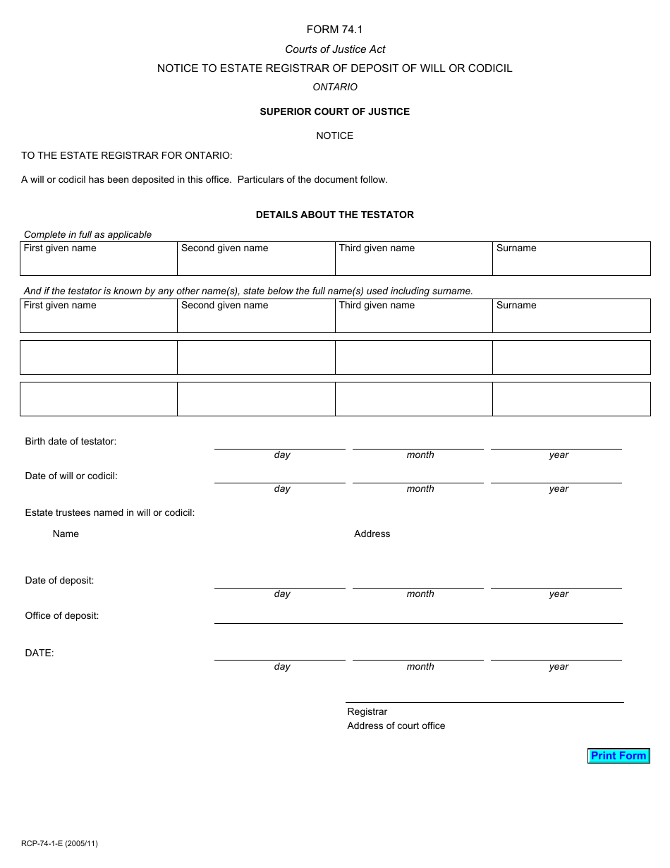 Form 74.1 Notice to Estate Registrar of Deposit of Will or Codicil - Ontario, Canada, Page 1