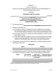 Form 74.7 Notice of an Application for a Certificate of Appointment of Estate Trustee With a Will - Ontario, Canada