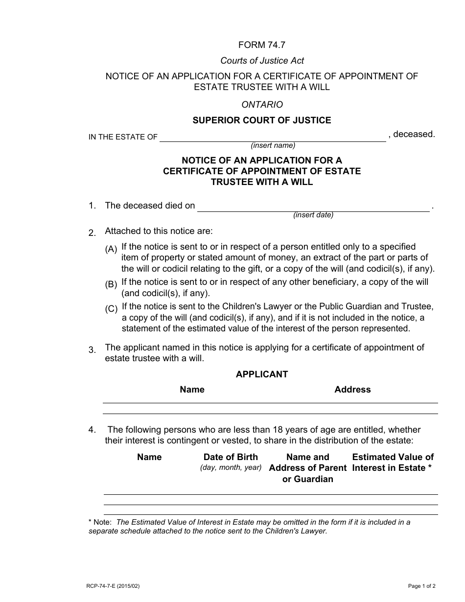 Form 74.7 Notice of an Application for a Certificate of Appointment of Estate Trustee With a Will - Ontario, Canada, Page 1
