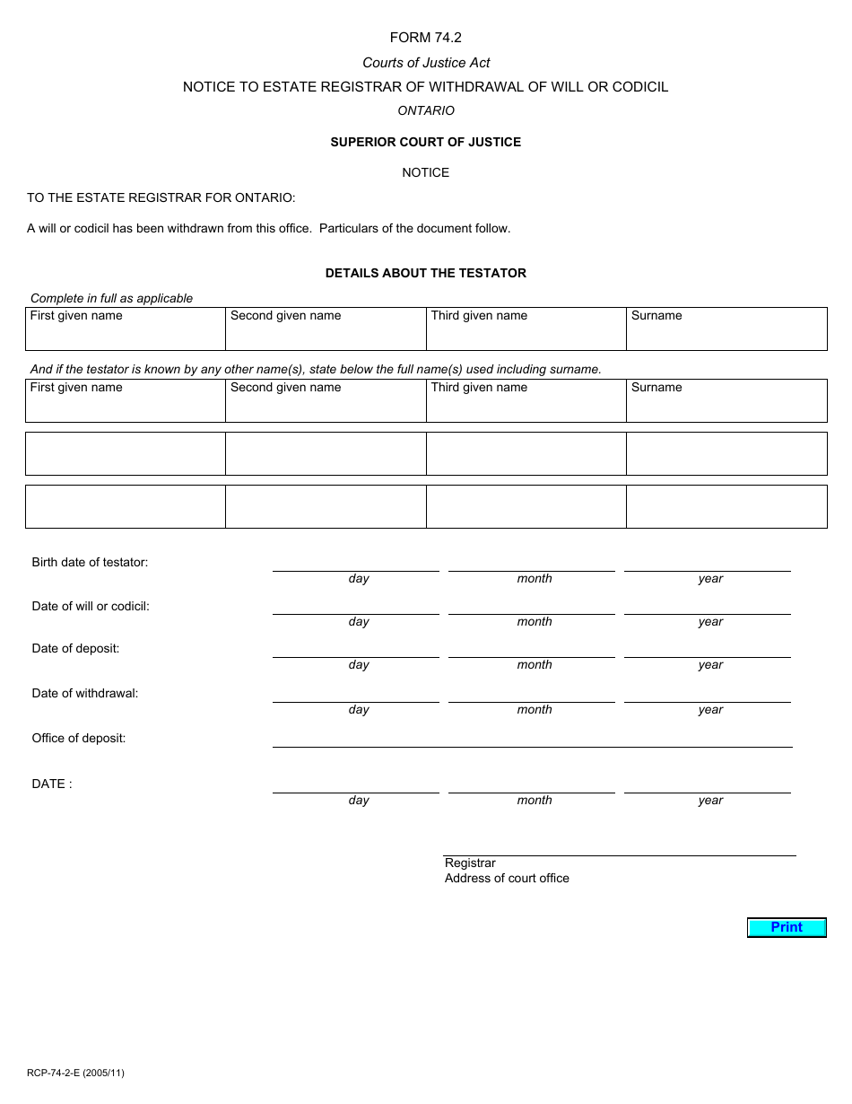 Form 74.2 Notice to Estate Registrar of Withdrawal of Will or Codicil - Ontario, Canada, Page 1