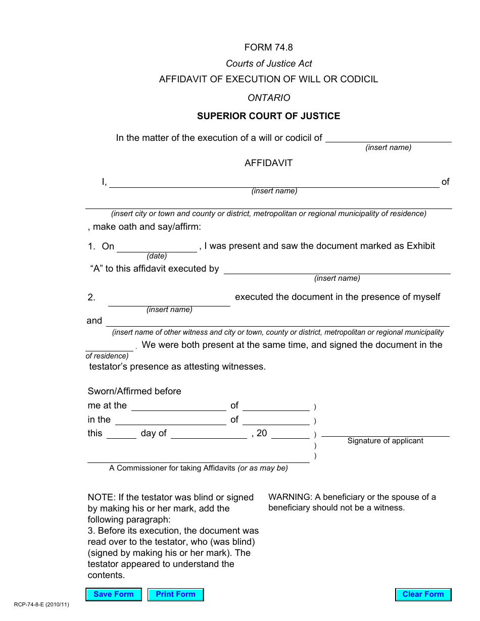 Form 74.8 Affidavit of Execution of Will or Codicil - Ontario, Canada, Page 1