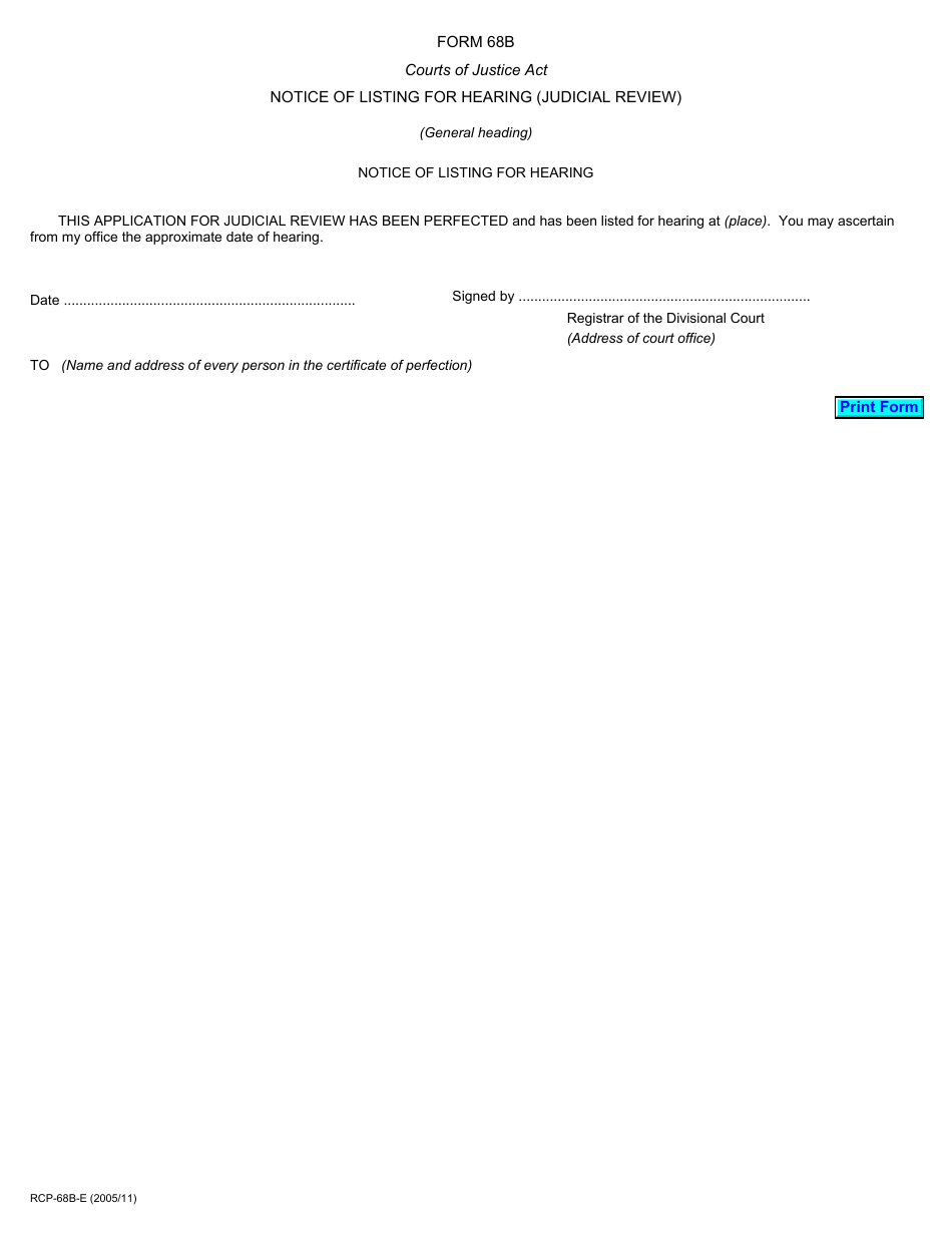 Form 68B Notice of Listing for Hearing (Judicial Review) - Ontario, Canada, Page 1