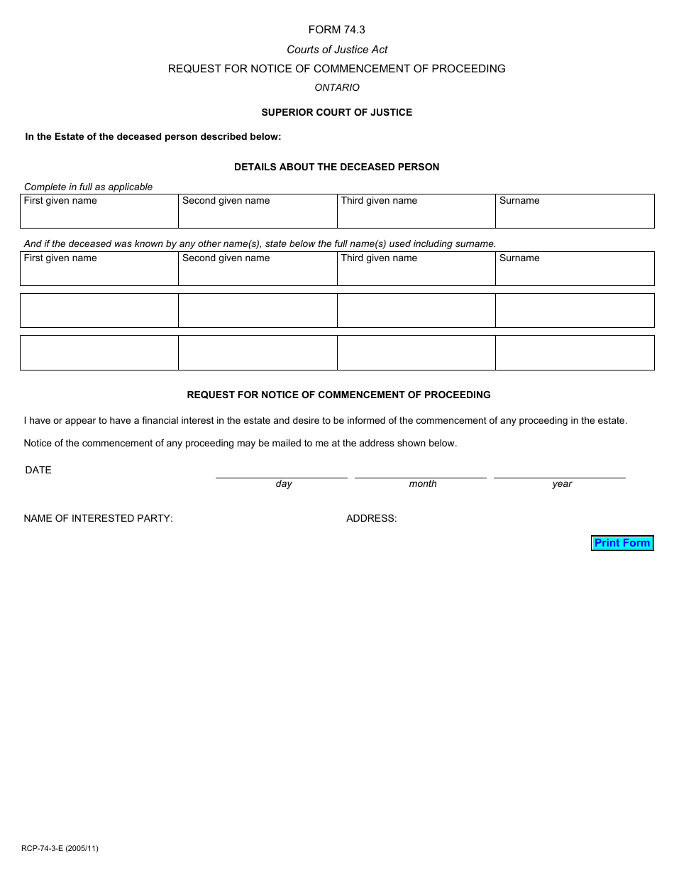 Form 74.3 Request for Notice of Commencement of Proceeding - Ontario, Canada, Page 1