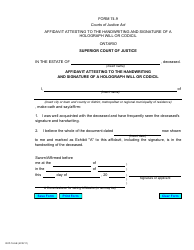 Document preview: Form 74.9 Affidavit Attesting to the Handwriting and Signature of a Holograph Will or Codicil - Ontario, Canada