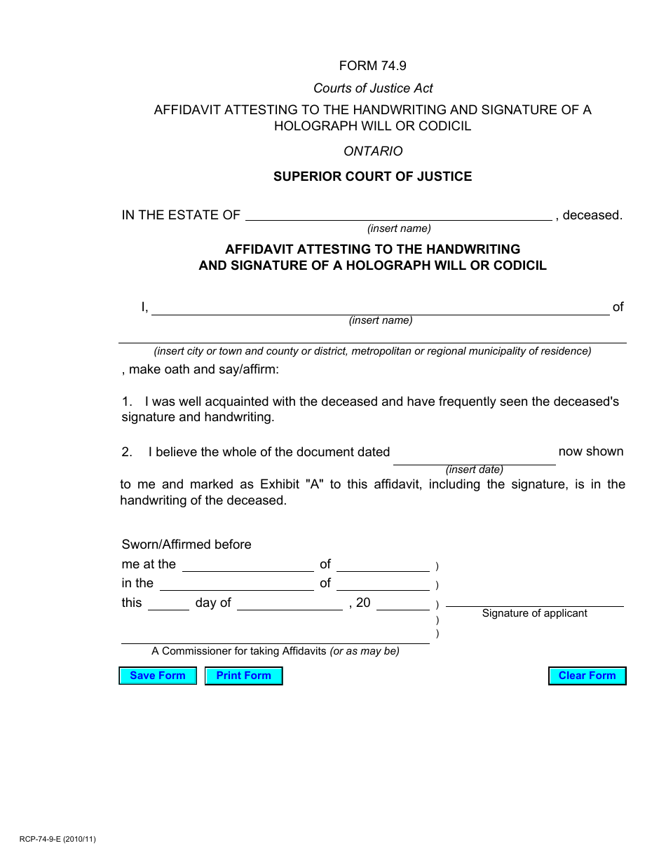 Form 74.9 - Fill Out, Sign Online and Download Fillable PDF, Ontario ...