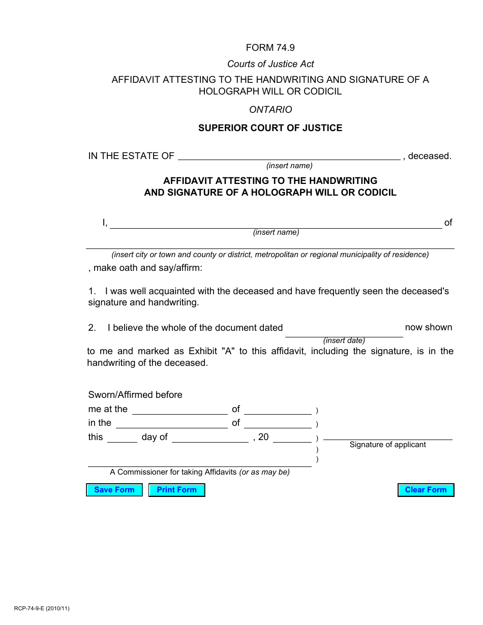 Form 74.9 Affidavit Attesting to the Handwriting and Signature of a Holograph Will or Codicil - Ontario, Canada, Page 1