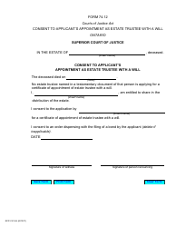 Document preview: Form 74.12 Consent to Applicant's Appointment as Estate Trustee With a Will - Ontario, Canada