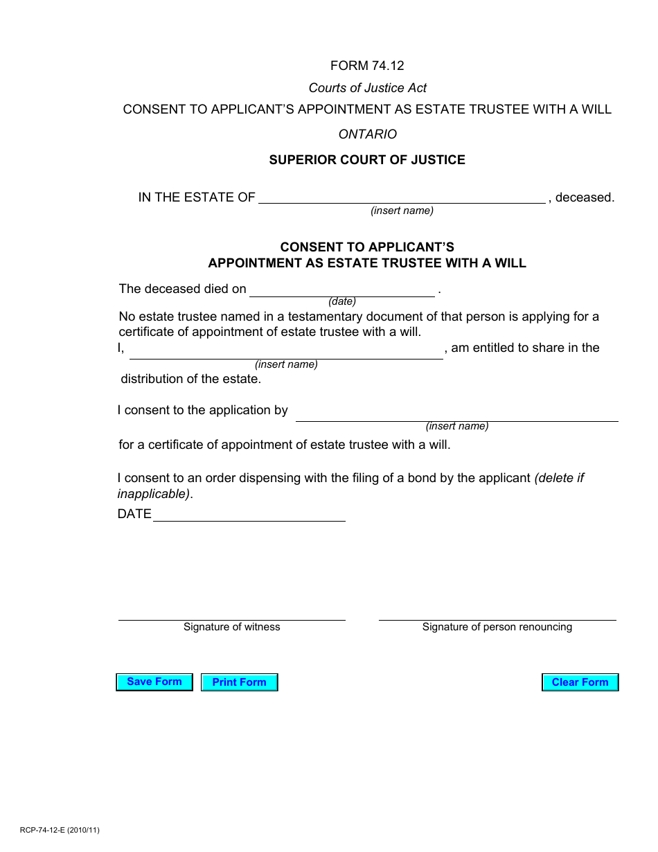Form 74.12 Consent to Applicants Appointment as Estate Trustee With a Will - Ontario, Canada, Page 1