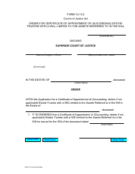 Document preview: Form 74.13.2 Order for a Certificate of Appointment of (Succeeding) Estate Trustee With a Will Limited to the Assets Referred to in the Will - Ontario, Canada