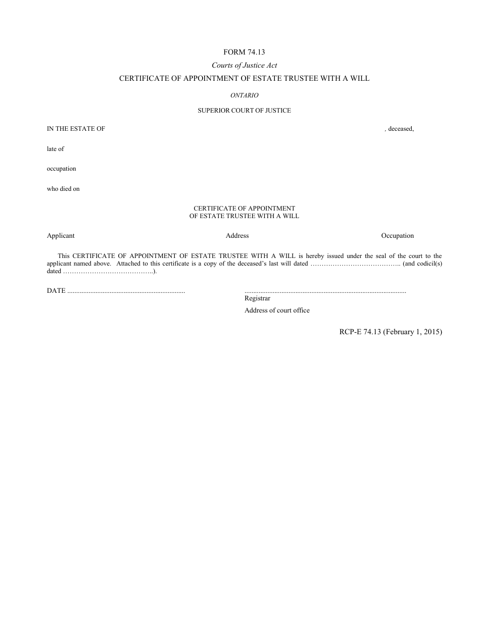 Form 74.13 Certificate of Appointment of Estate Trustee With a Will - Ontario, Canada, Page 1