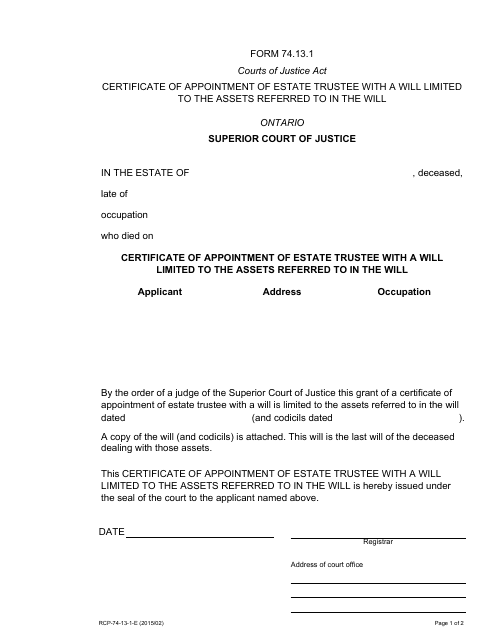 Form 74.13.1 Certificate of Appointment of Estate Trustee With a Will Limited to the Assets Referred to in the Will - Ontario, Canada