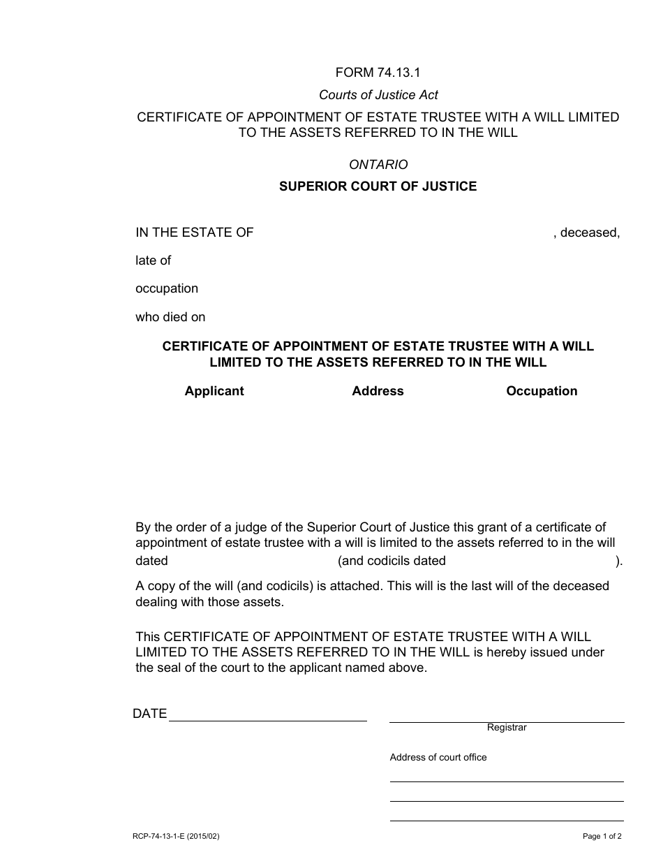 Form 74.13.1 Certificate of Appointment of Estate Trustee With a Will Limited to the Assets Referred to in the Will - Ontario, Canada, Page 1