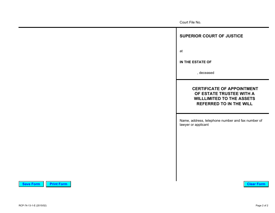 Form 74.13.1 Certificate of Appointment of Estate Trustee With a Will Limited to the Assets Referred to in the Will - Ontario, Canada, Page 2