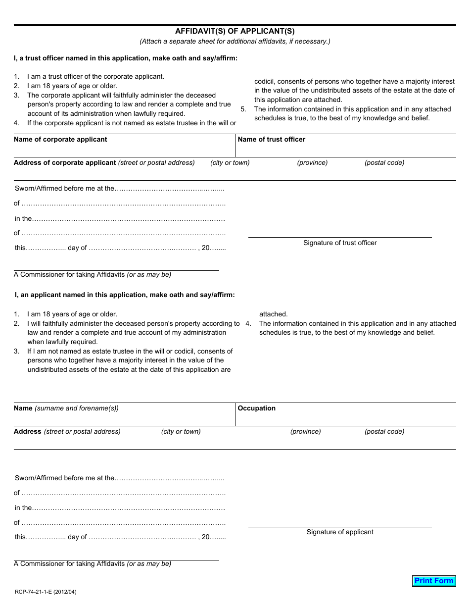 Form 74.21.1 Application for Certificate of Appointment as Succeeding Estate Trustee With a Will Limited to the Assets Referred to in the Will - Ontario, Canada, Page 2