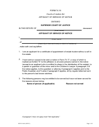 Document preview: Form 74.16 Affidavit of Service of Notice (Certificate of Appointment of Estate Trustee Without a Will) - Ontario, Canada