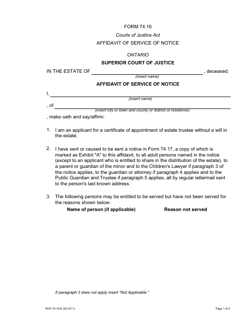 Form 74.16 Affidavit of Service of Notice (Certificate of Appointment of Estate Trustee Without a Will) - Ontario, Canada