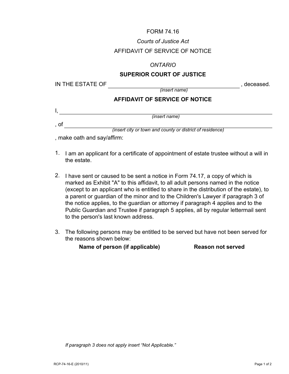 Form 74.16 Affidavit of Service of Notice (Certificate of Appointment of Estate Trustee Without a Will) - Ontario, Canada, Page 1