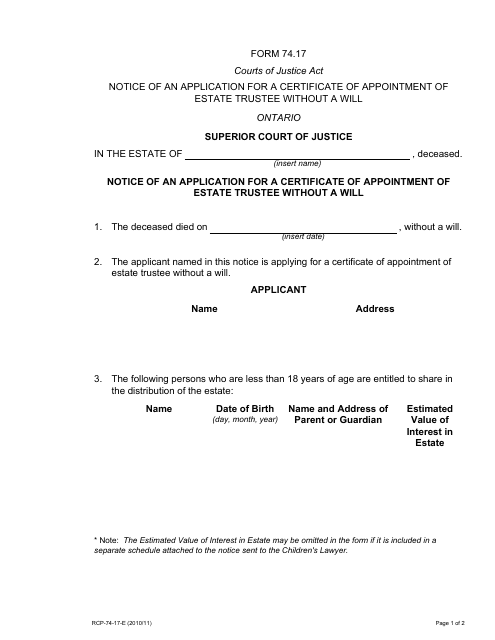 Form 74.17 Notice of an Application for a Certificate of Appointment of Estate Trustee Without a Will - Ontario, Canada