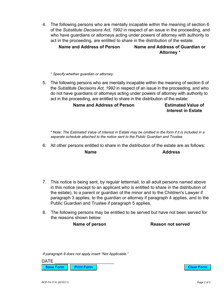 Form 74.17 Notice of an Application for a Certificate of Appointment of Estate Trustee Without a Will - Ontario, Canada, Page 2