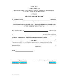 Document preview: Form 74.18 Renunciation of Prior Right to a Certificate of Appointment of Estate Trustee Without a Will - Ontario, Canada