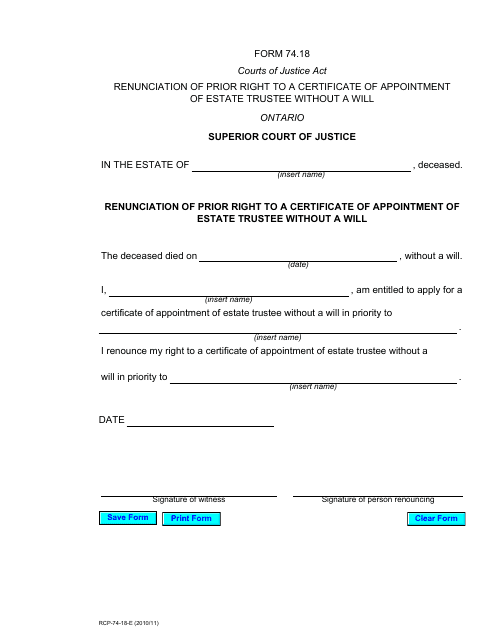 Form 74.18 Renunciation of Prior Right to a Certificate of Appointment of Estate Trustee Without a Will - Ontario, Canada