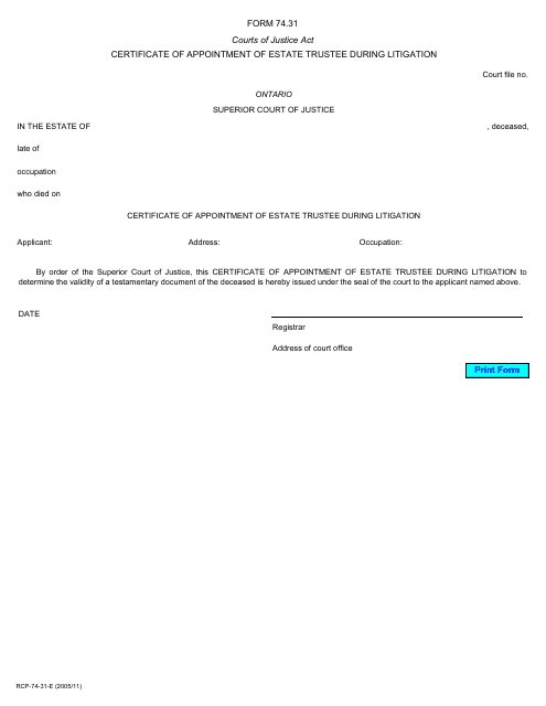 Form 74.31 Certificate of Appointment of Estate Trustee During Litigation - Ontario, Canada