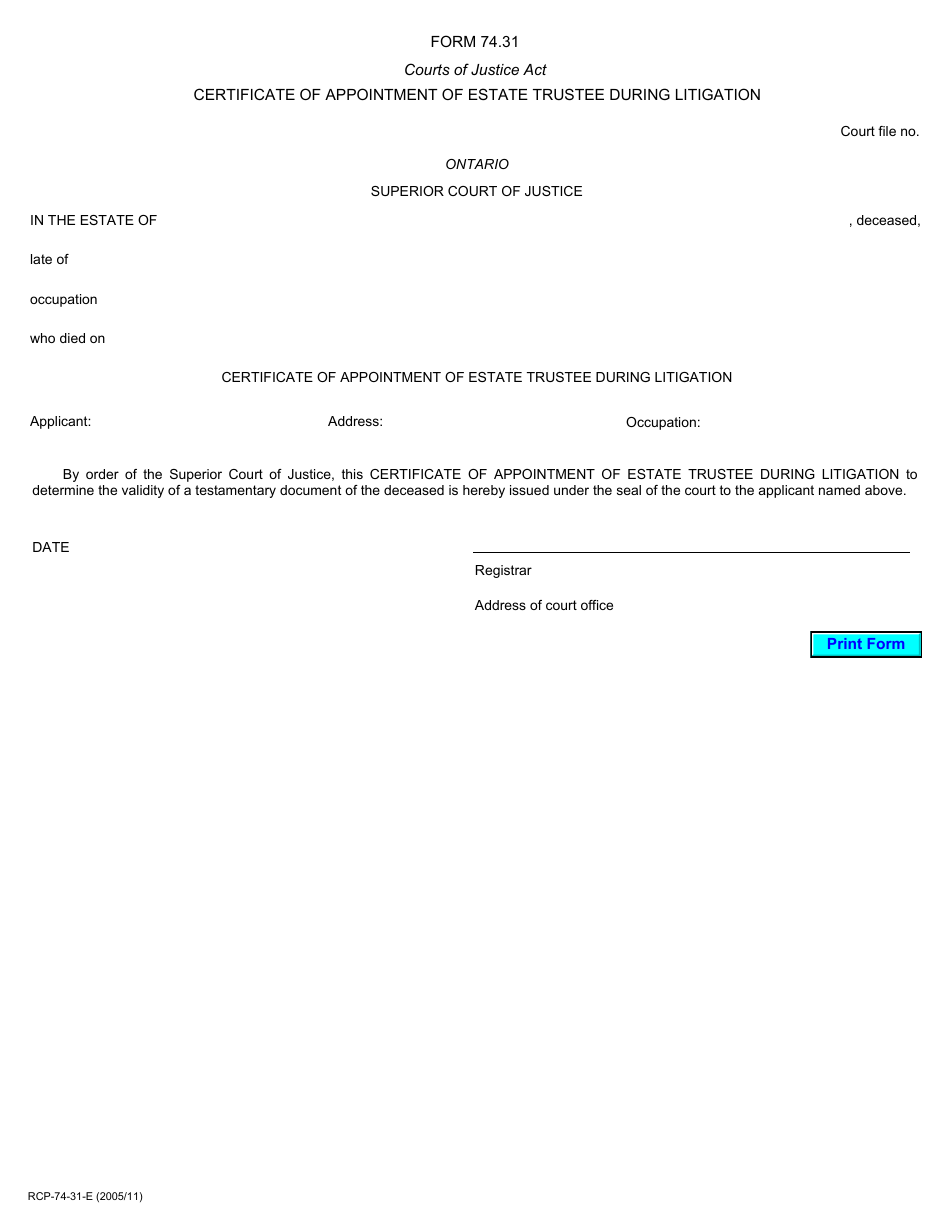 Form 74.31 Certificate of Appointment of Estate Trustee During Litigation - Ontario, Canada, Page 1