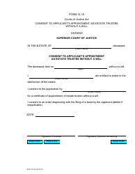 Document preview: Form 74.19 Consent to Applicant's Appointment as Estate Trustee Without a Will - Ontario, Canada
