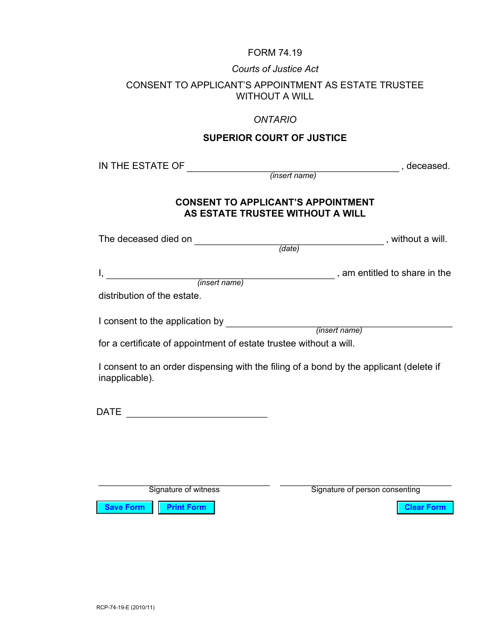 Form 74.19 Consent to Applicants Appointment as Estate Trustee Without a Will - Ontario, Canada, Page 1