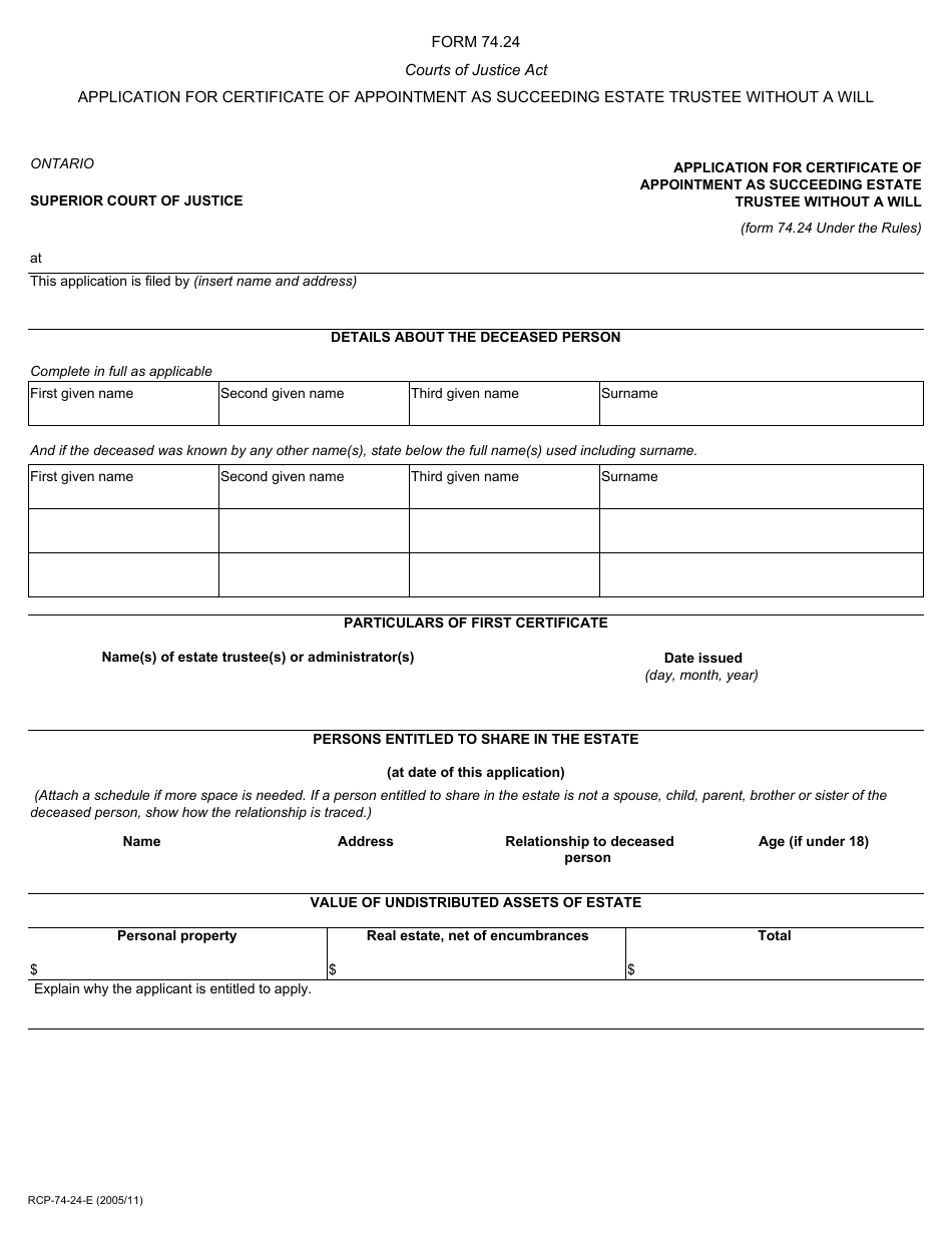 Form 74.24 Application for Certificate of Appointment as Succeeding Estate Trustee Without a Will - Ontario, Canada, Page 1