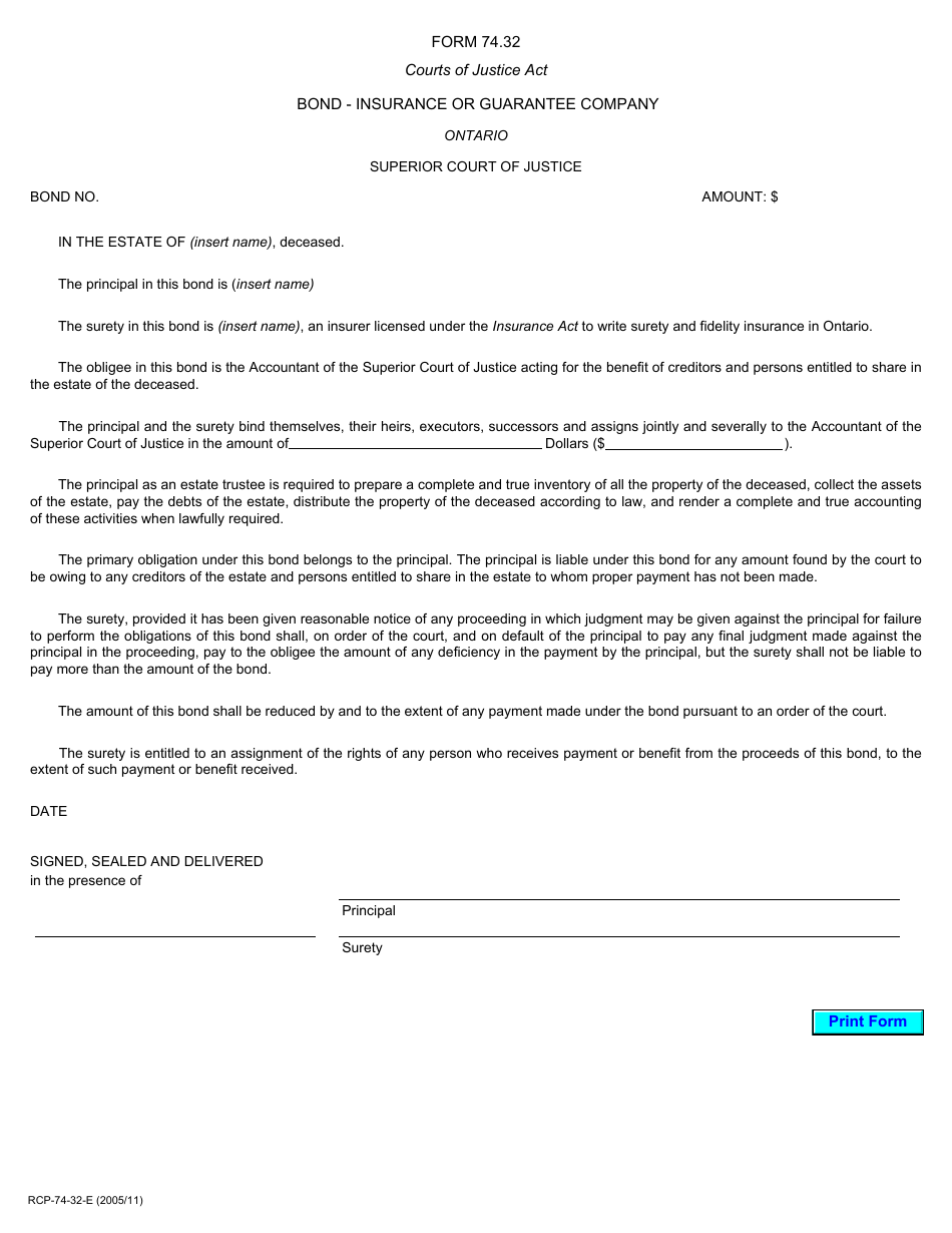 Form 74.32 Bond - Insurance or Guarantee Company - Ontario, Canada, Page 1