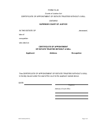 Document preview: Form 74.20 Certificate of Appointment of Estate Trustee Without a Will - Ontario, Canada