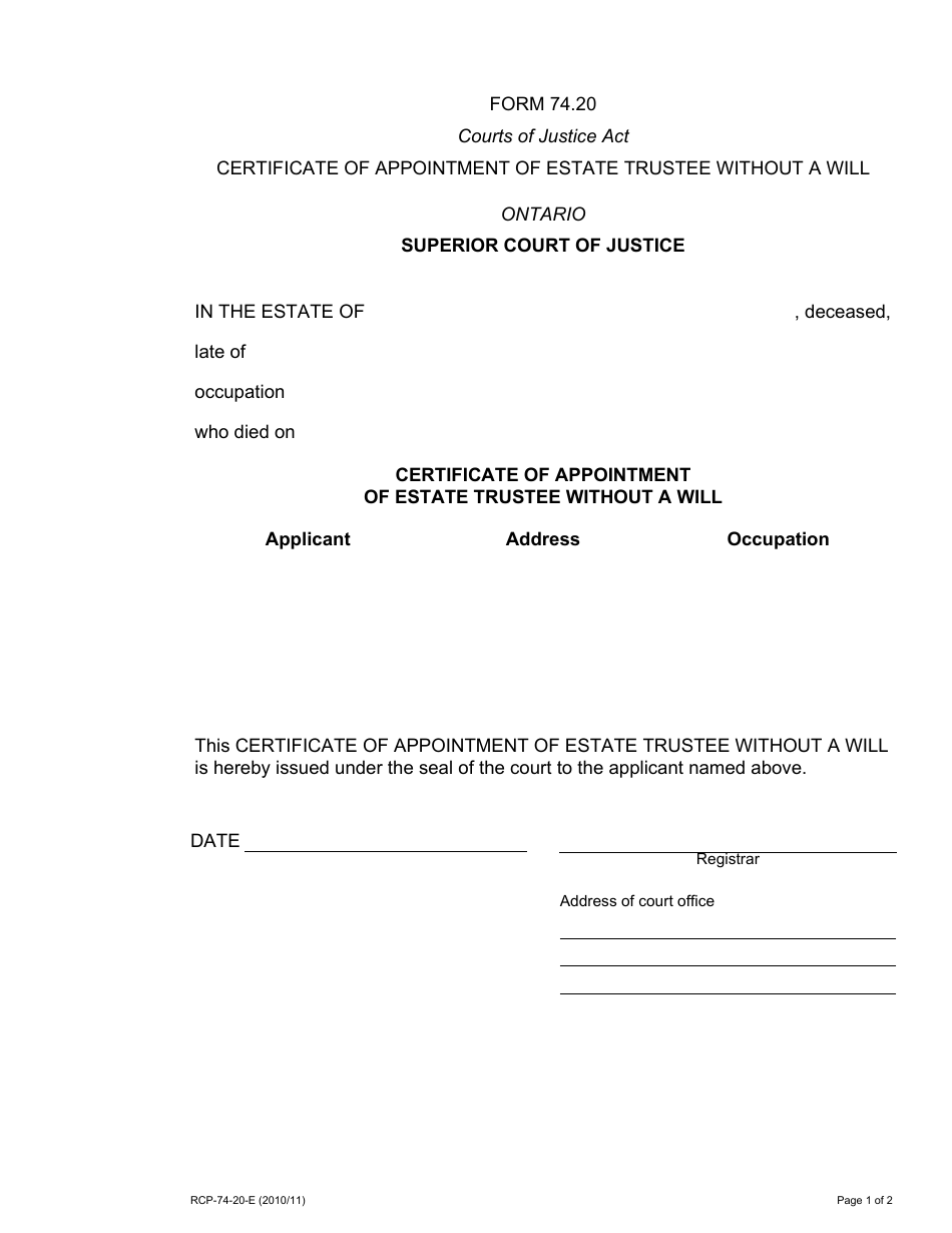 Form 74.20 Certificate of Appointment of Estate Trustee Without a Will - Ontario, Canada, Page 1