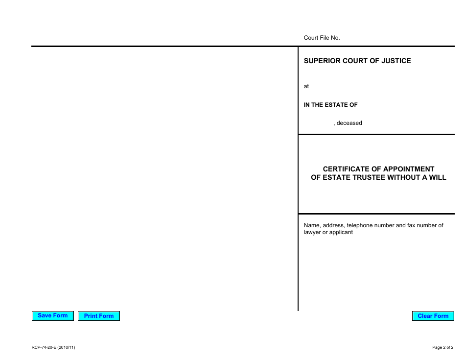 Form 74.20 Download Fillable PDF or Fill Online Certificate of Appointment of Estate Trustee Form 74.20 Download Fillable PDF or Fill Online Certificate of Appointment of Estate Trustee