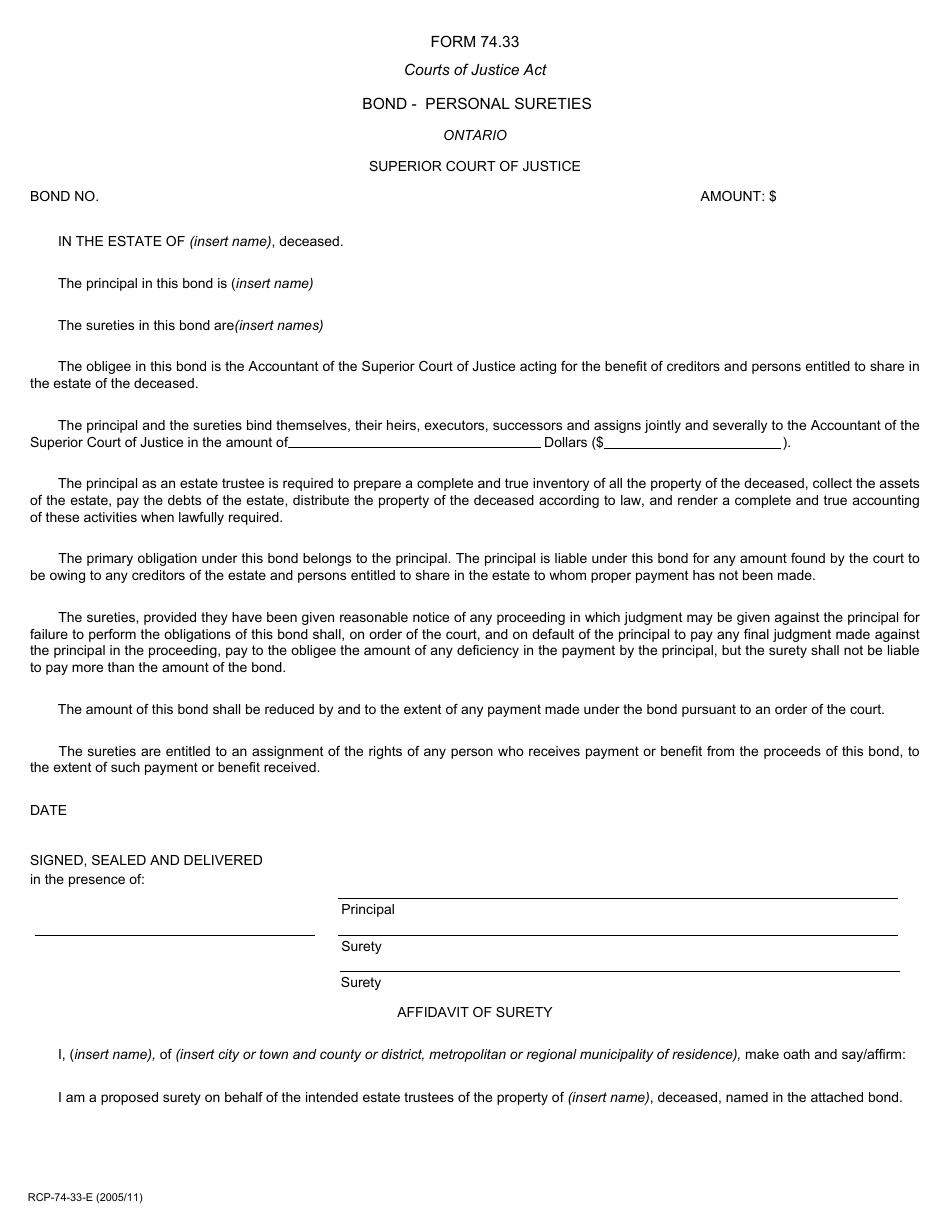Form 74.33 Bond - Personal Sureties - Ontario, Canada, Page 1