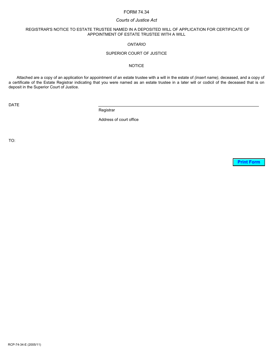 Form 74.34 Registrars Notice to Estate Trustee Named in a Deposited Will of Application for Certificate of Appointment of Estate Trustee With a Will - Ontario, Canada, Page 1