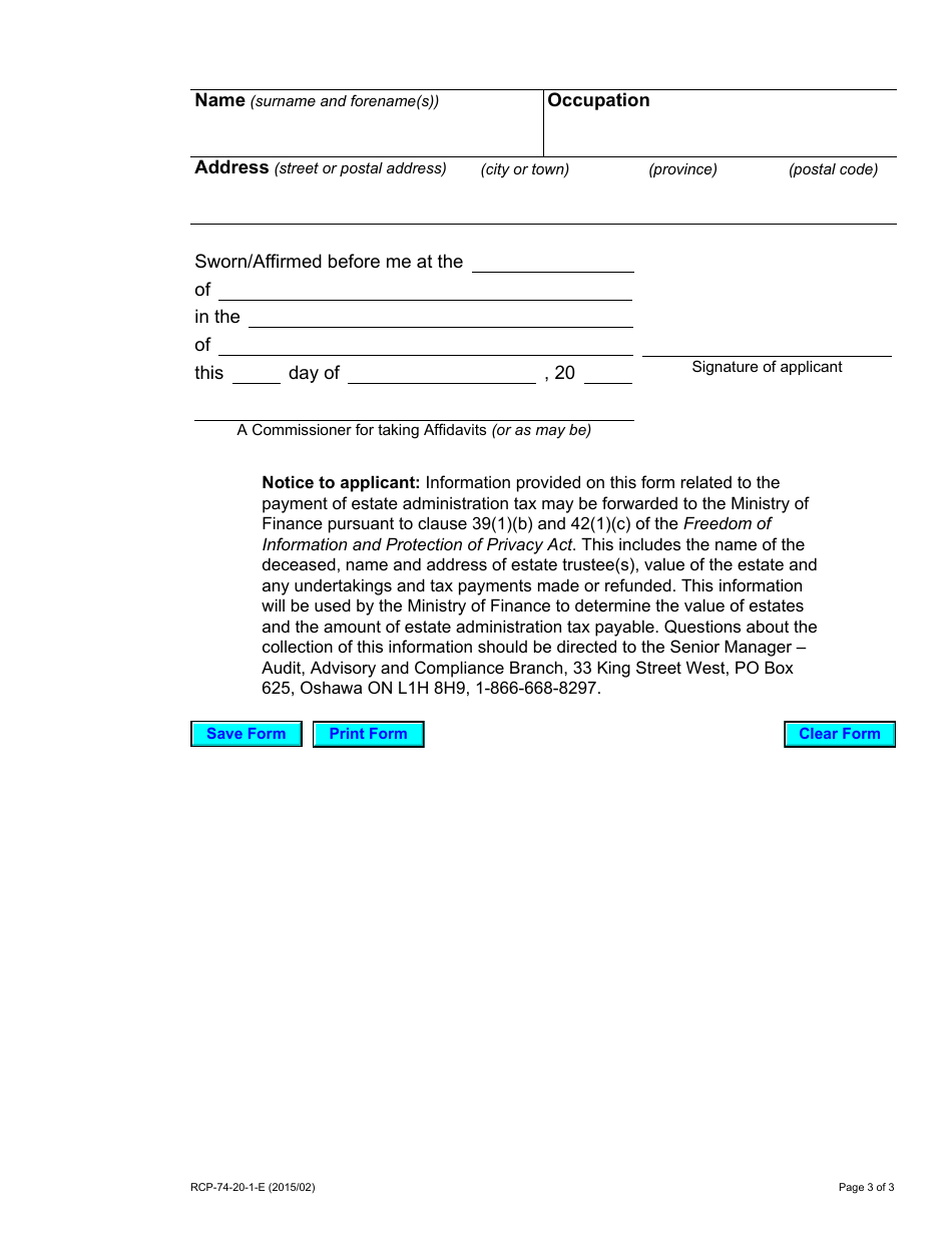 Form 74.20.1 Download Fillable PDF or Fill Online Application for Certificate of Appointment of Form 74.20.1 Download Fillable PDF or Fill Online Application for Certificate of Appointment of