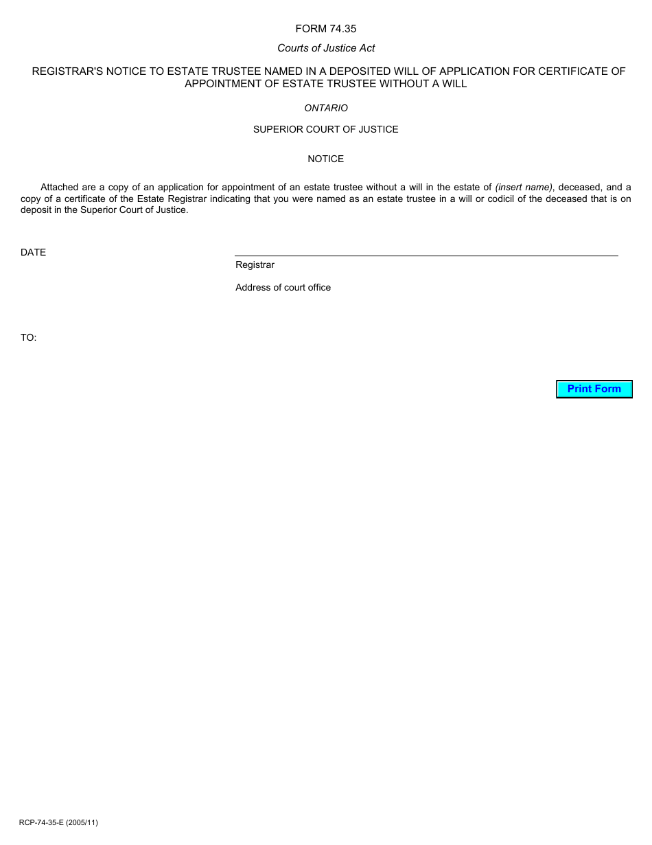 Form 74.35 Registrars Notice to Estate Trustee Named in a Deposited Will of Application for Certificate of Appointment of Estate Trustee Without a Will - Ontario, Canada, Page 1
