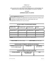 Form 74.27 Application for Confirmation by Resealing of Appointment or Certificate of Ancillary Appointment of Estate Trustee With a Will - Ontario, Canada
