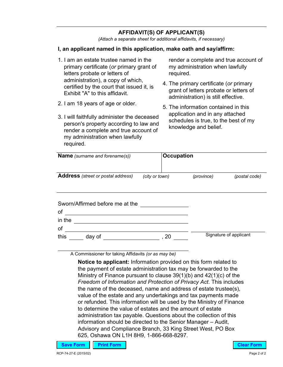 Form 74.27 Fill Out, Sign Online and Download Fillable PDF, Ontario