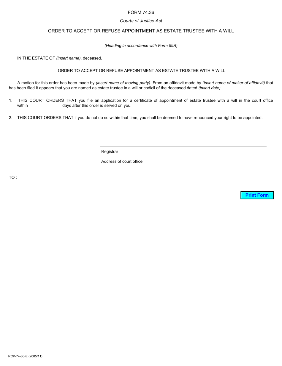 Form 74.36 Order to Accept or Refuse Appointment as Estate Trustee With a Will - Ontario, Canada, Page 1