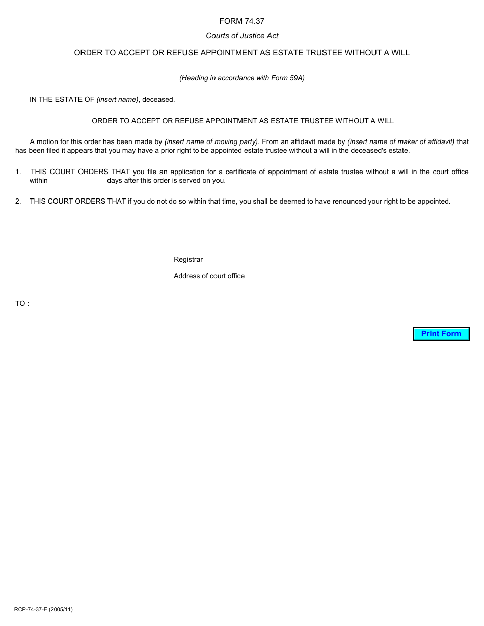 Form 74.37 Order to Accept or Refuse Appointment as Estate Trustee Without a Will - Ontario, Canada, Page 1